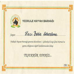 2016 Yedikule Hayvan Barınağı Teşekkür Yazısı